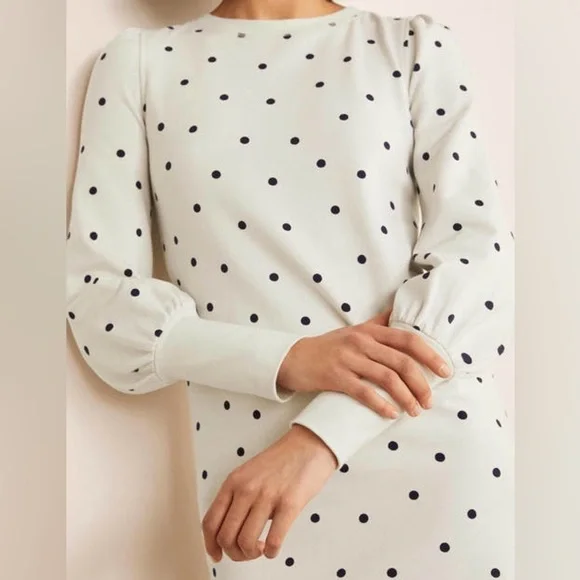 Boden Romona Sweatshirt Dress Size 10 White With Navy Polka Dots